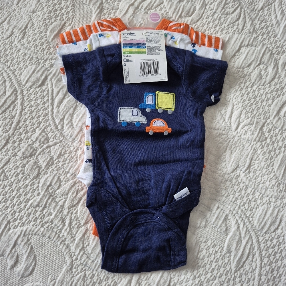 Gerber boys size preemie 3 pack of body suits blue orange white NWT